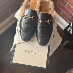 Gucci Black Leather Loafers with Fur and Gold Accents